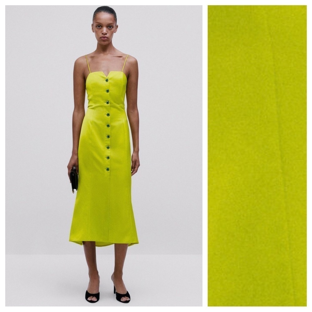 NWT. Massimo Dutti Studio Chartreuse Midi Dress with Rhinestone Buttons Size S.